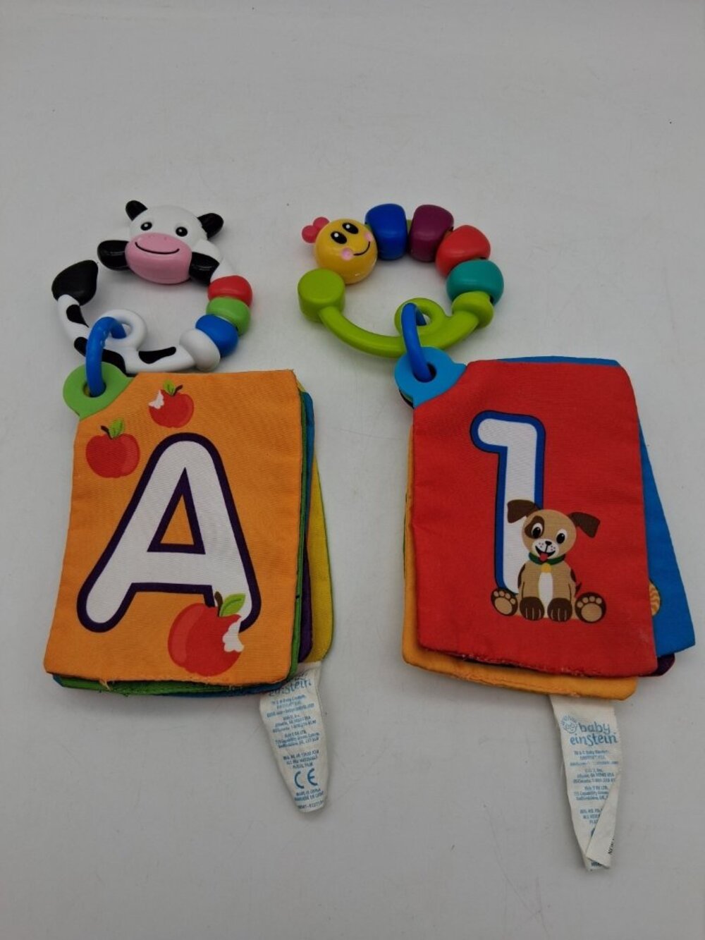 2 Baby Einstein Take Along Discovery Cards Clip-on Crinkle Teether ABC's & 123's